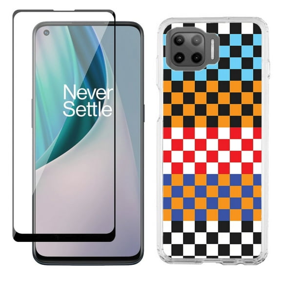 Slim-Fit Protective Phone Case compatible with Motorola Moto One 5G UW, with Tempered Glass Screen Protector, by OneToughShield ® - Colorful Checker