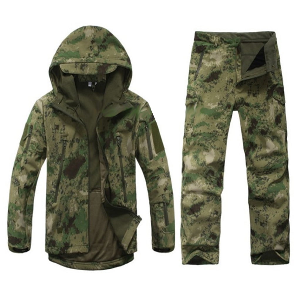 Men Softshell Hoodie Fleece Jacket, Outdoor Camping Hiking + Pants Set Color:Camouflage green Asian Size:M by