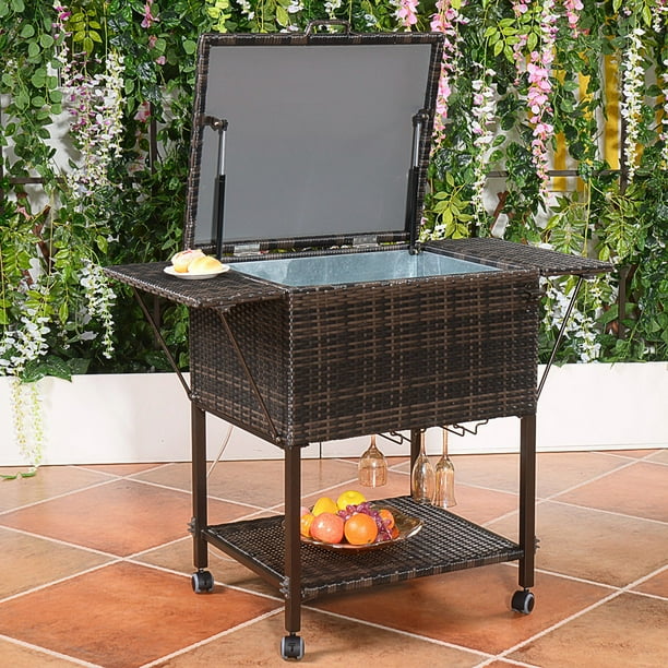 Costway Portable Rattan Cooler Cart Trolley Outdoor Patio Pool Party Ice Drink Mix