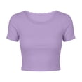 thumbnail image 4 of yillto Womens Ribbed Top Crop Short Sleeve Slim Shirts Lace Crewneck Casual Basic Tees Tshirts S-XXXL, 4 of 6