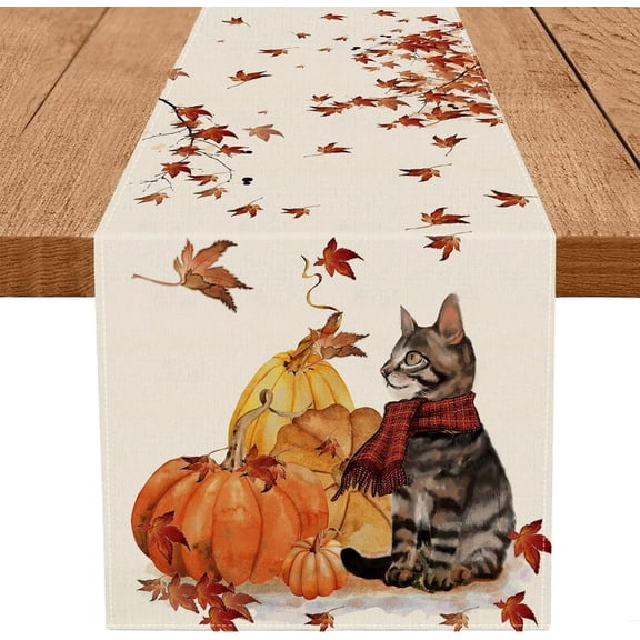 Fall Table Runner Cat Pumpkins Maple Leaf Autumn Tablecloth Harvest Seasonal Thanksgiving Decorations for Home Kitchen Dining Room Party Decor