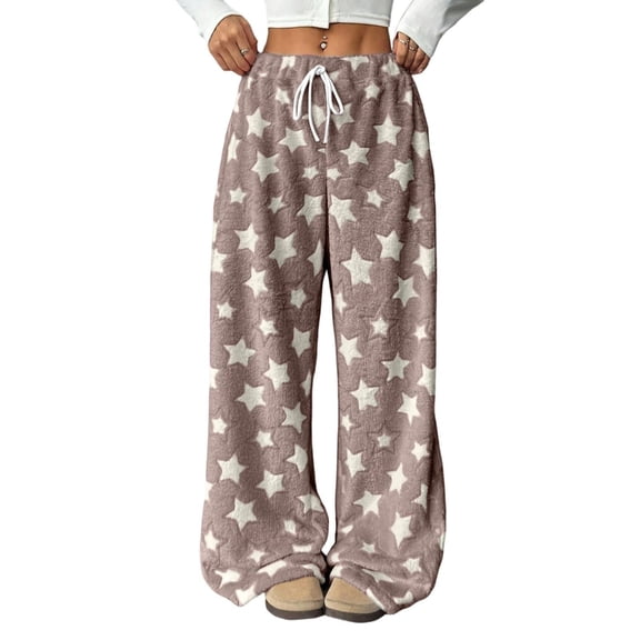 Women's Fuzzy Plush Pajama Pants Drawstring Elastic Waist Wide Leg Teddy Bottoms Pants