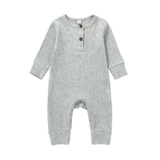 Baby Boy Girl Button Romper One Piece Solid Color Knit Ribbed Jumpsuit