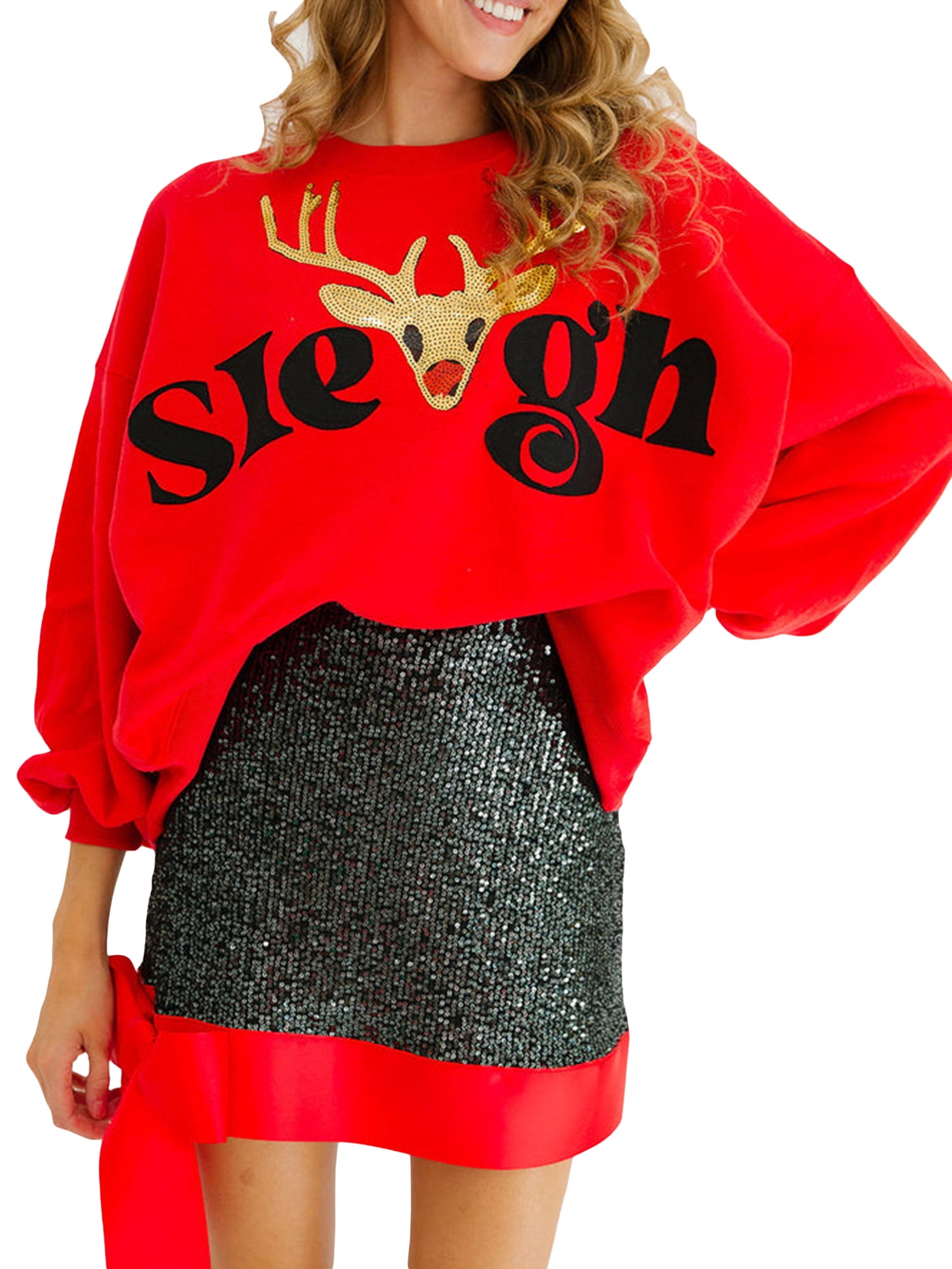 FOCUSNORM Women's Christmas Loose Pullover Sparkly Rhinestone Letter Print Long Sleeve Crew Neck Sweatshirt