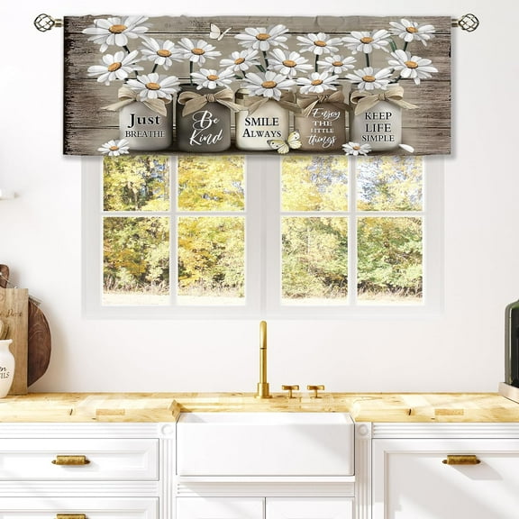Farmhouse Floral Curtain Valance for Window Treatments Daisy Rustic Vintage Flower Kitchen Treatment Inspirational Wooden Country Window Drapes for Bathroom Bedroom Living Room (54x18 Inch)