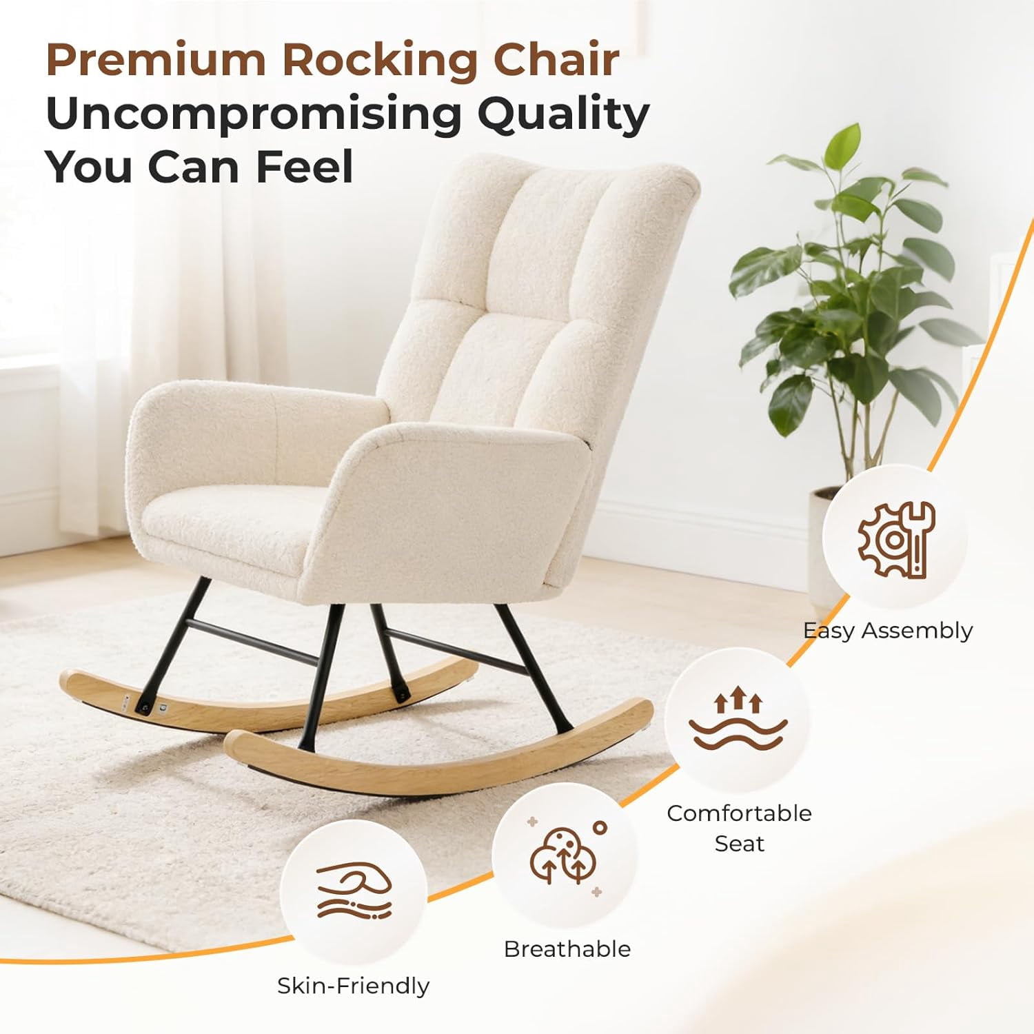 VANECL Nursery Rocking Chair Teddy Upholstered, Glider Rocker Rocking Accent Chair Padded Sea with High Backrest Armchair Comfy Side Chair for Living Room Bedroom, Beige