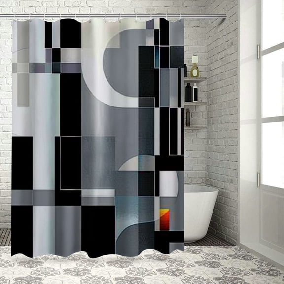 Chilfamy Geometric Fabric Shower Curtain Set, Abstract Mid Century Modern Minimalist Waterproof Shower Curtain for Bathroom Decor, Black and White Black Grey 36x72