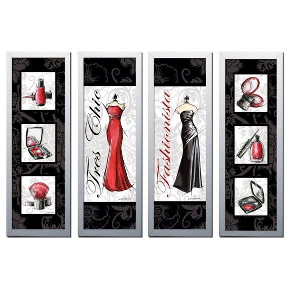 Popular Fashionista Makeup Nail Polish and Dress Panels; Four 6x18in White Framed Images. White/Red/Black