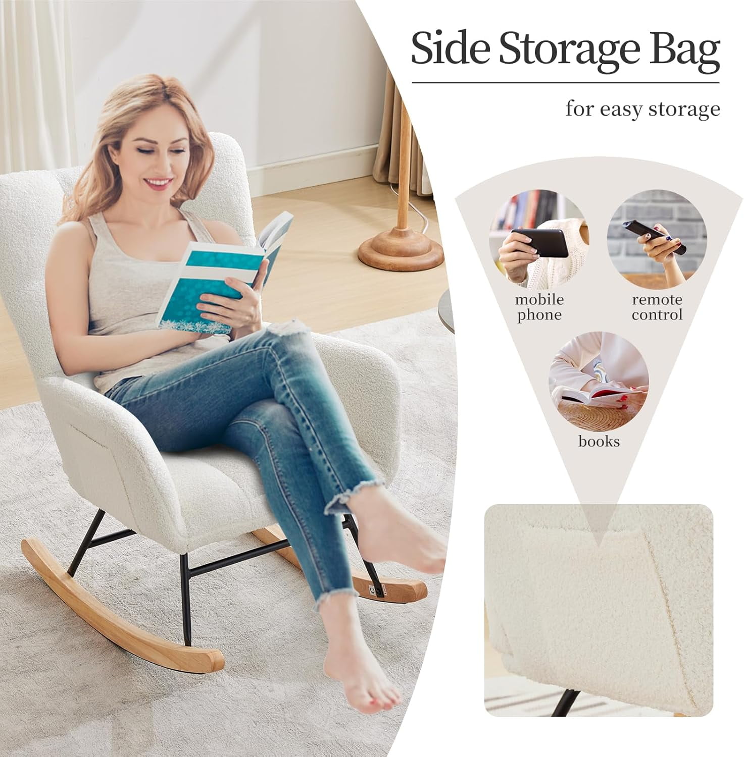 Teddy Fabric Nursery Rocking Chair w/ High Backrest & Side Pockets, Glider for Breastfeeding, Living Room