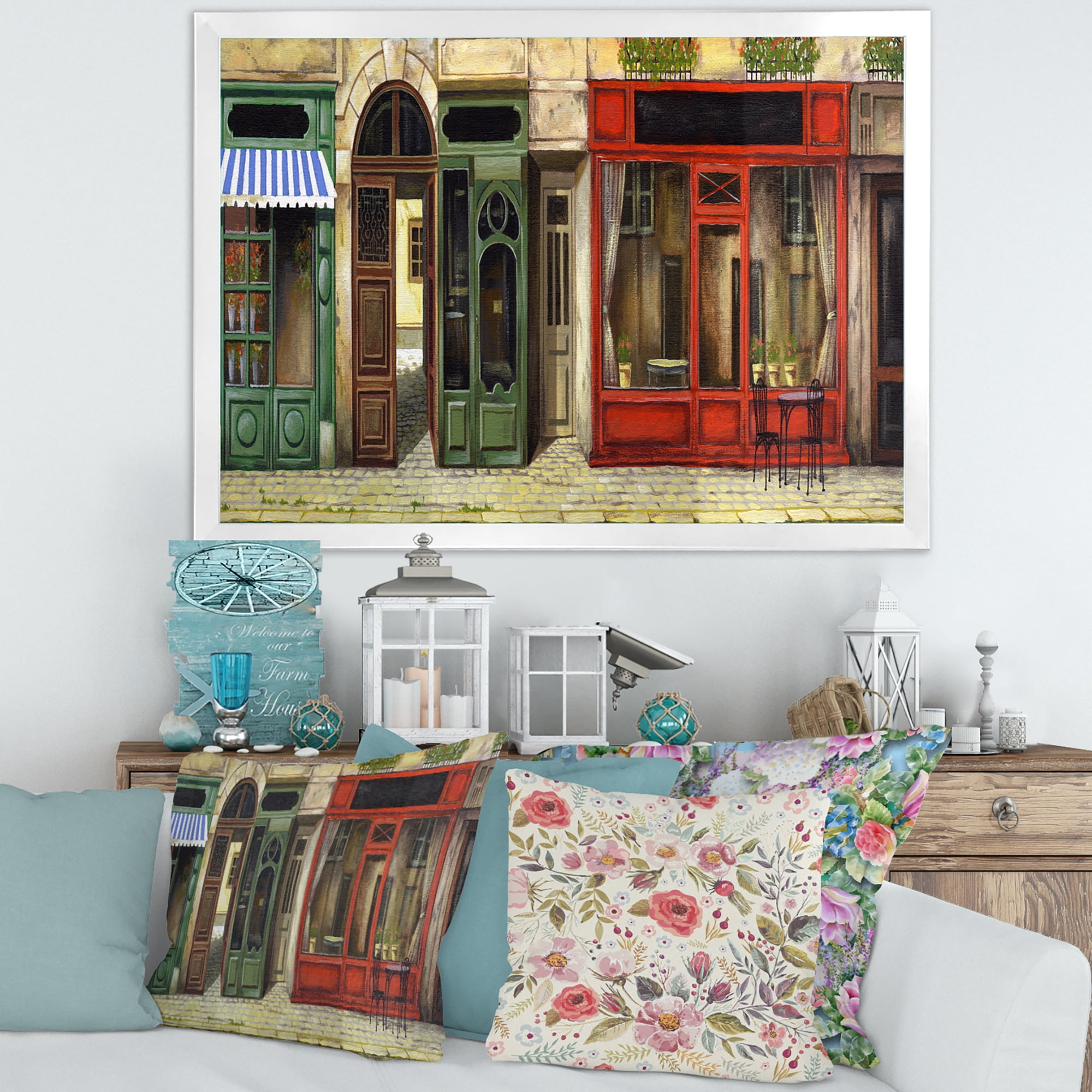 Red Facade of Charming Shop In Paris Street II 32 in x 24 in Framed Painting Canvas Art Print, by Designart