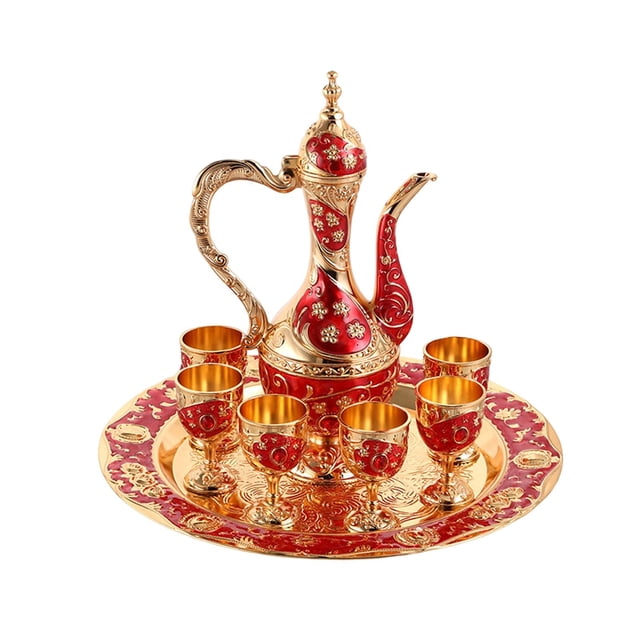 GROWTH TANK Household Coffee Pot Set Teapot Tray and 6 Cups Tea Serving Set for Dining Table Red