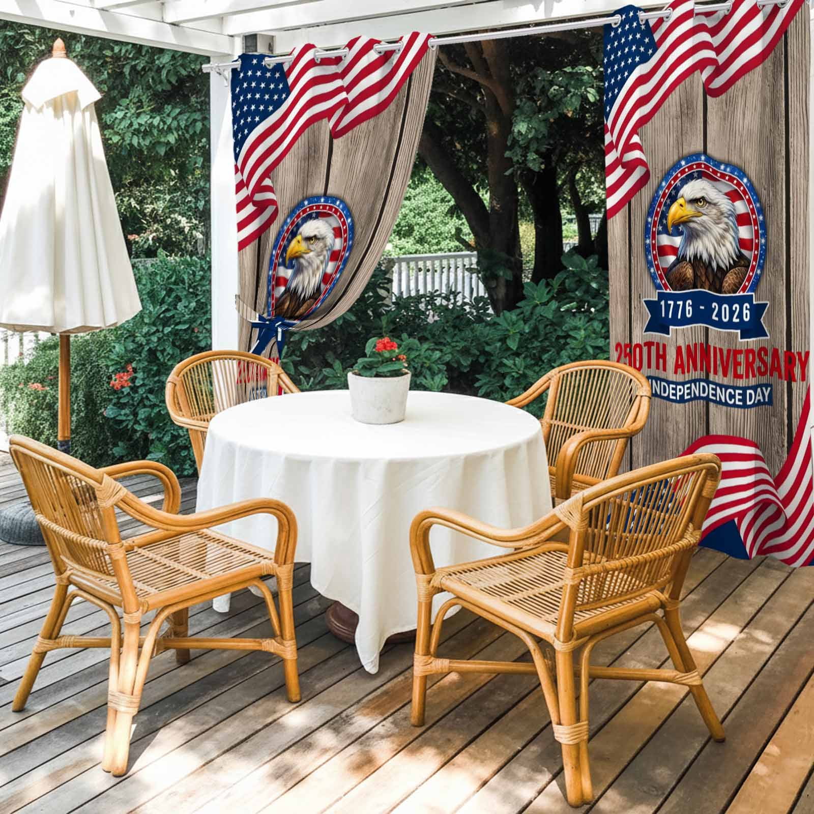 Anniversary Outdoor Curtains for Patio, Patriot Eagle USA Flag Independence Day Wood Sunshade Privacy Drapes Grommet Waterproof Outside Curtains for Porch/Cabana/Balcony 54"x 95", 1 Panel