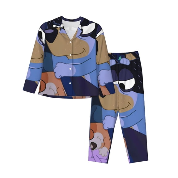 Saiise Bluey Print Women Soft Pajama Sets,Long Sleeve Sleepwear Button Up 2-Piece Pjs Lounge Sets-Small