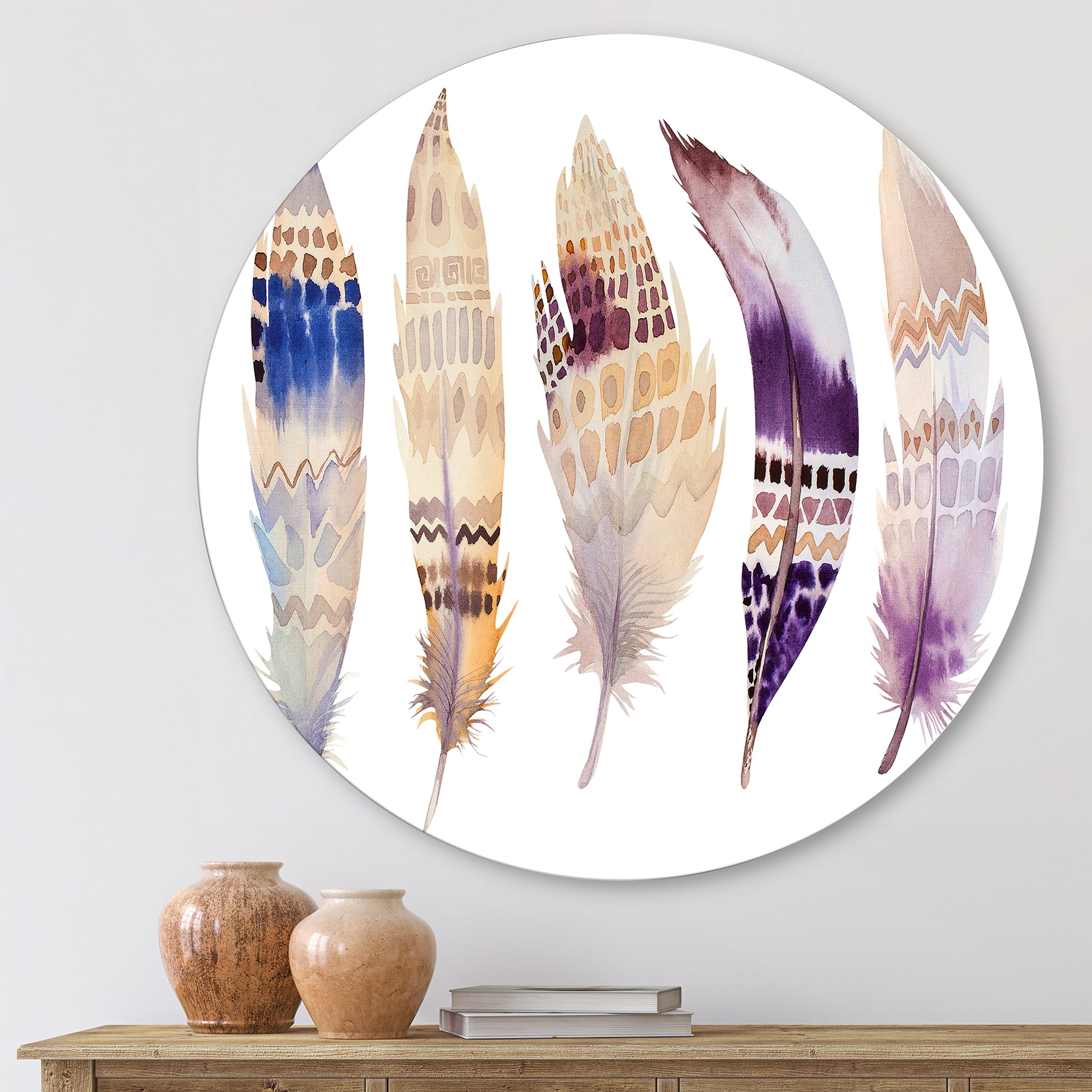 Designart 'Ethnic Purple Boho Art Feathers' Bohemian & Eclectic Circle Metal Wall Art 23x23 - Disc of 23