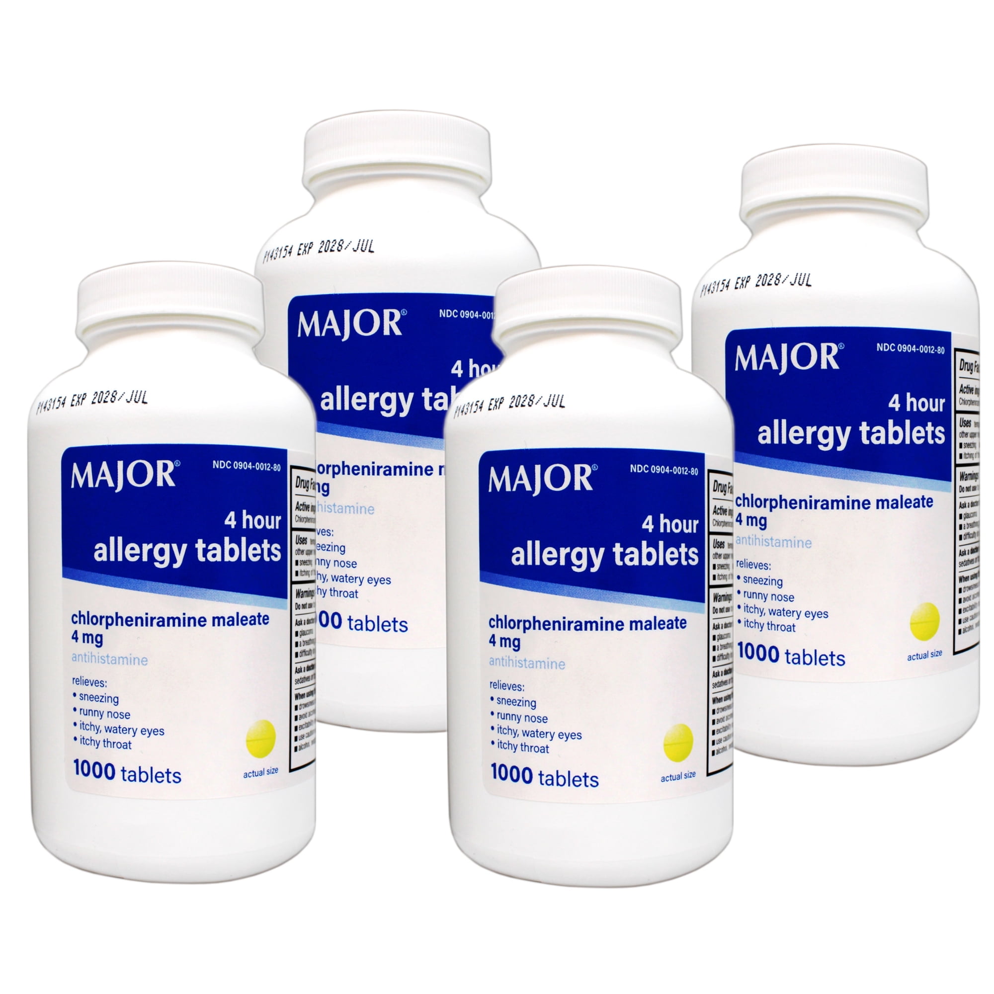 Major Allergy Tablets Chlorpheniramine maleate 4 mg. 1000/btl (Pack of 4)