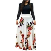 Women Summer Long Sleeve Floral Printed Casual O-Neck Patchwork Dress Maxi Dress
