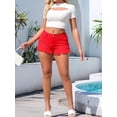 thumbnail image 5 of Women'S Stretchy Cotton Denim Shorts, Mid Rise with Ripped Details and Frayed Hem Red L, 5 of 7