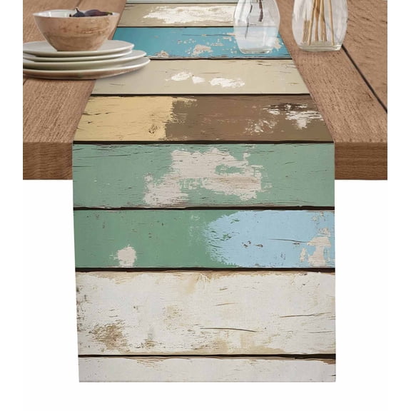 Ldtrchee Sage Green Blue Brown Farmhouse Table Runner 70 Inches, Vintage Wood Bed Runner Dresser Scarves Tabletop for Indoor Outdoor Parties/Ceremony/Banquet, 13" x 70"