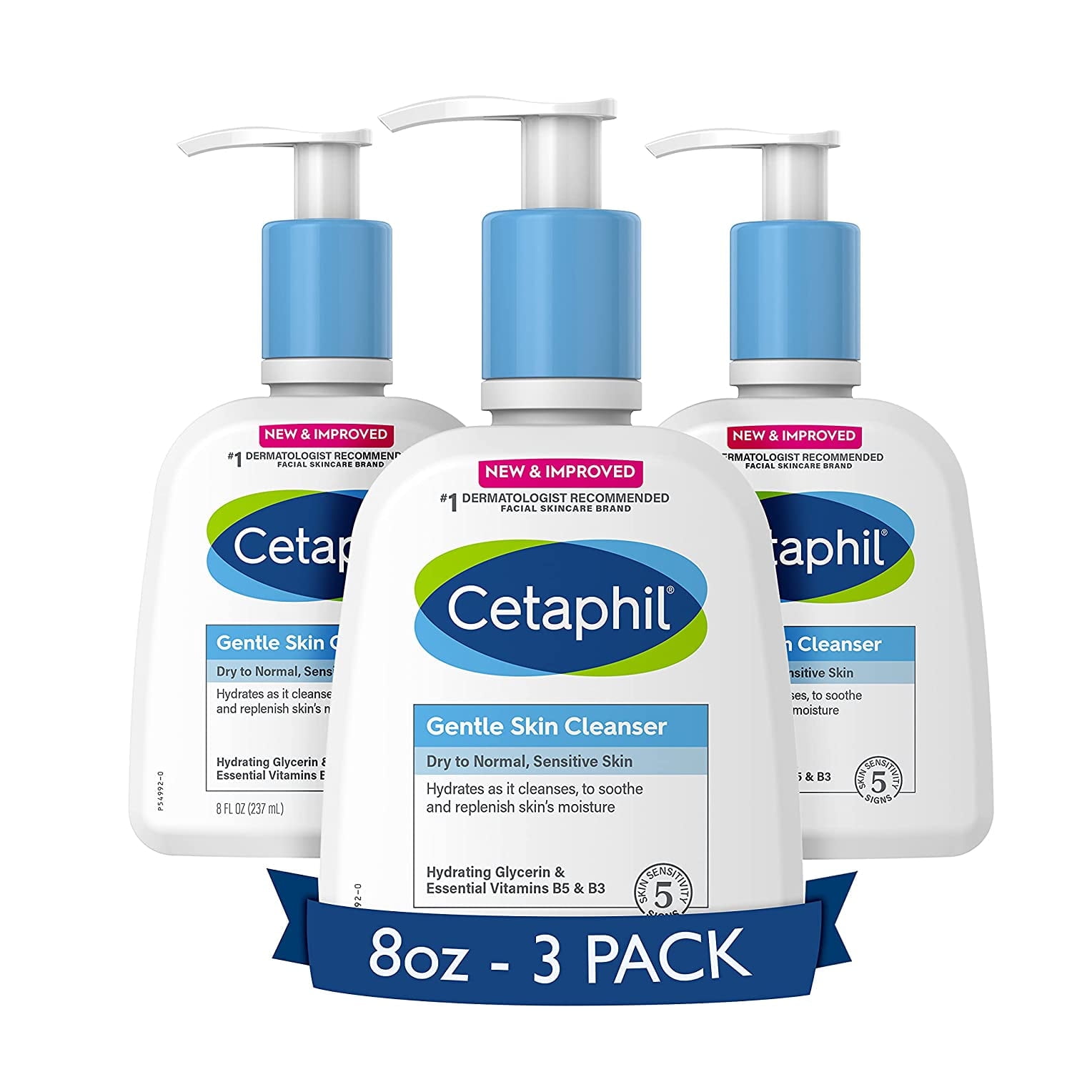 Face Wash by CETAPHIL, Hydrating Gentle Skin Cleanser for Dry to Normal Sensitive Skin, NEW 8 oz 3 Pack, Fragrance Free, Soap Free and Non-Foaming