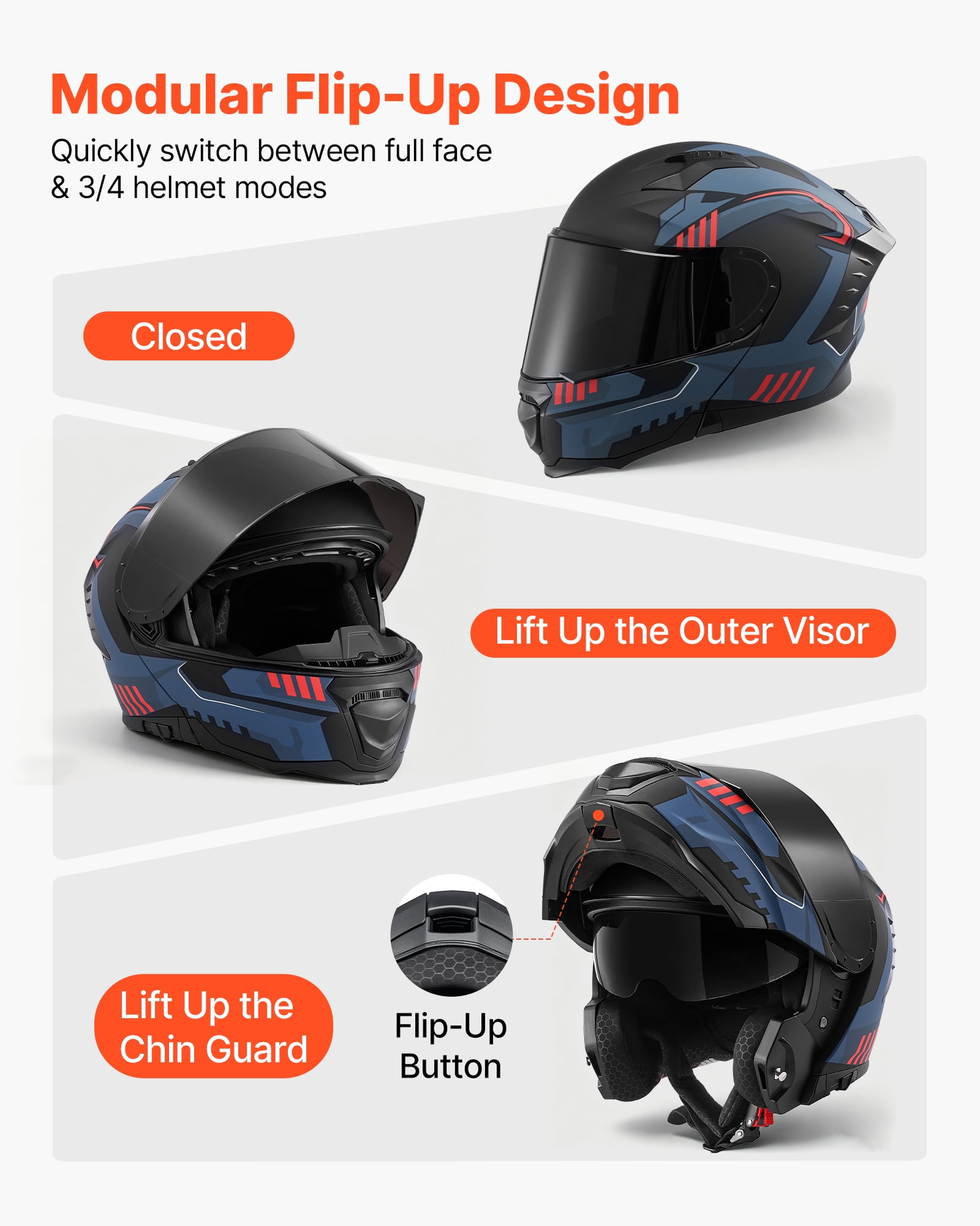 VEVOR Modular Motorcycle Helmet, Flip up Full Face Helmet with Dual Visor, Lightweight Comfortable Adult Motocross Street Bike Helmet for Men and Women - DOT & ECE Approved (XL Size)