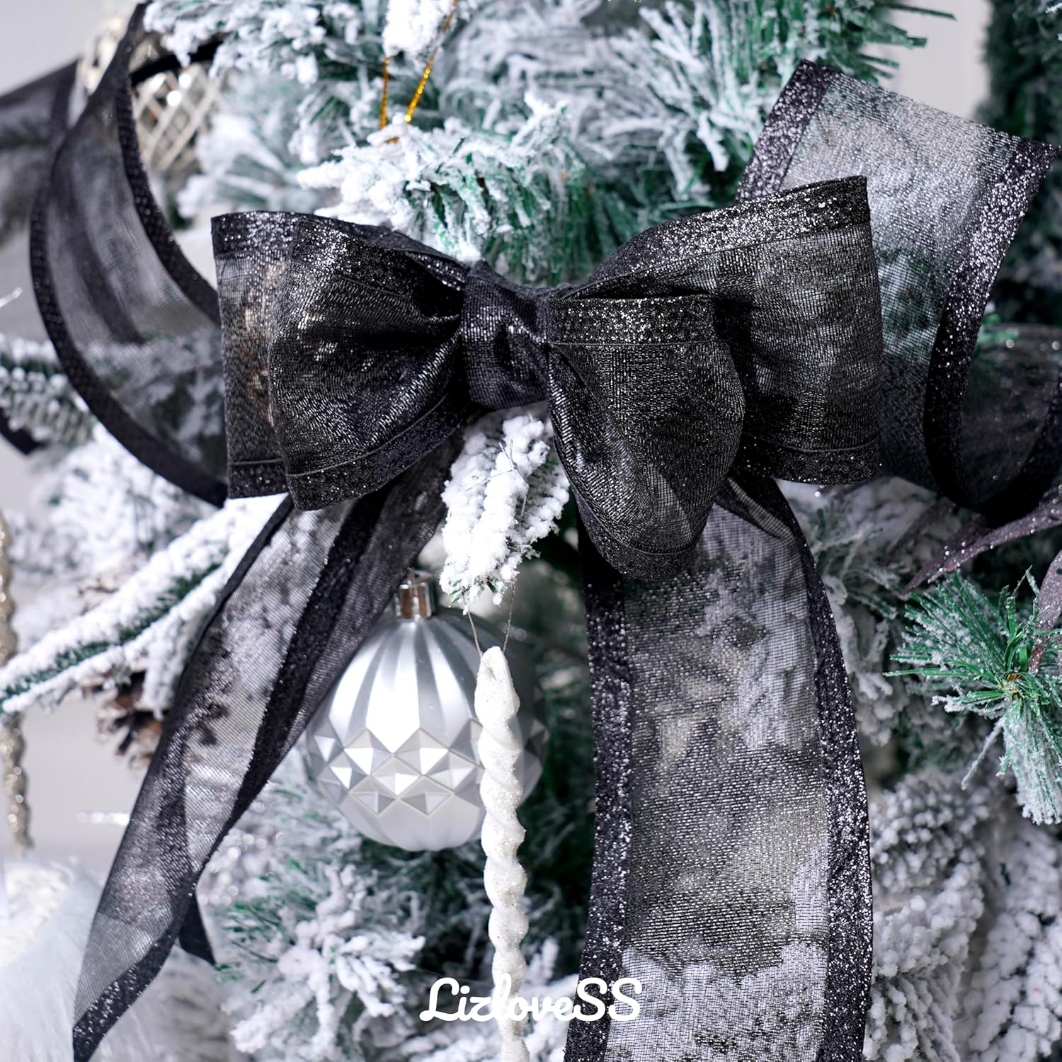 Black Christmas Ribbon Wired 2.5 Inch Metallic Black Wired Ribbon with Glitter Stripe, Ribbon for Christmas Tree, Wreaths Supplies, Swag, Garland, Halloween Decor - 10 Yards