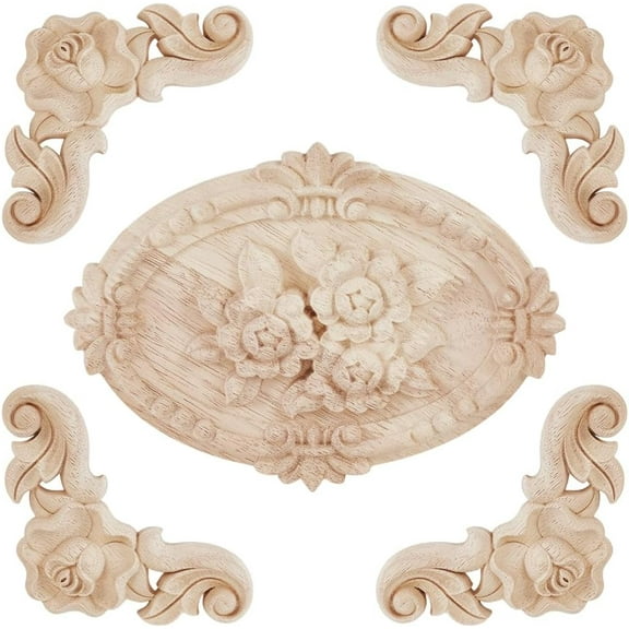 5Pcs Wood Appliques Onlays Unpainted Wooden Carved Corner Onlay Applique Oval/Flower Shape Wood Carved Applique Frame Onlay for Bed Door Cabinet Wardrobe Furniture Decoration DIY Project