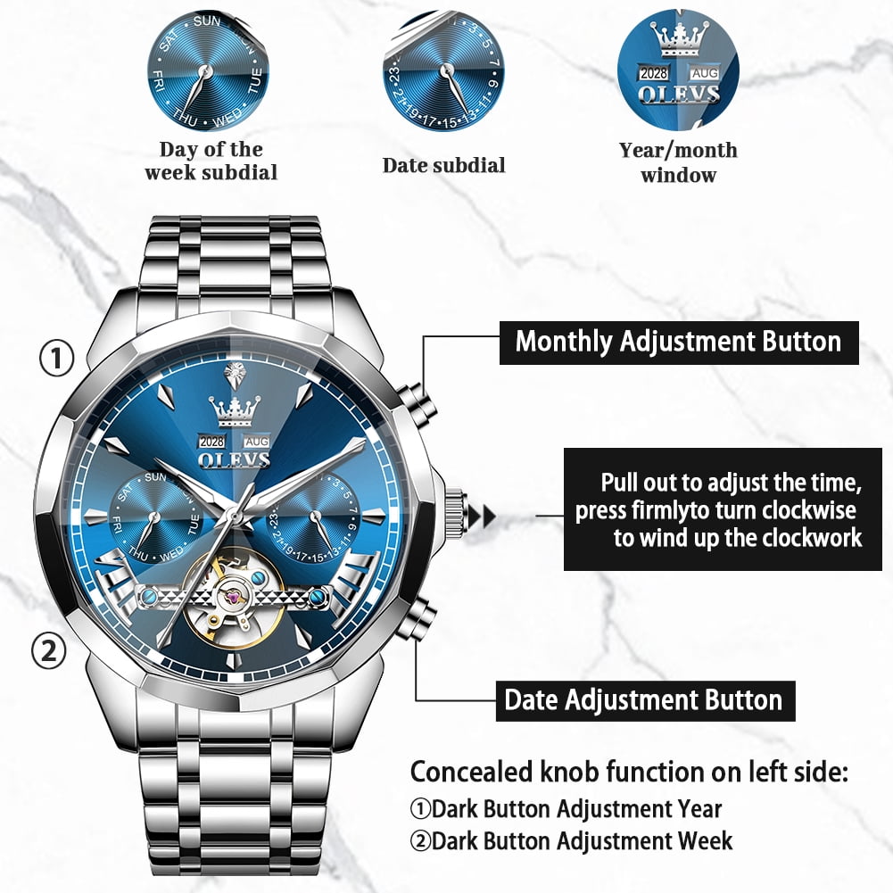 OLEVS Automatic Watches for Men Luxury Dress Waterproof Self Winding Mechanical Chronograph Diamond Stainless Steel Luminous Date Skeleton Tourbillon Mens Watches Gift Reloj Para Hombre Blue Dial