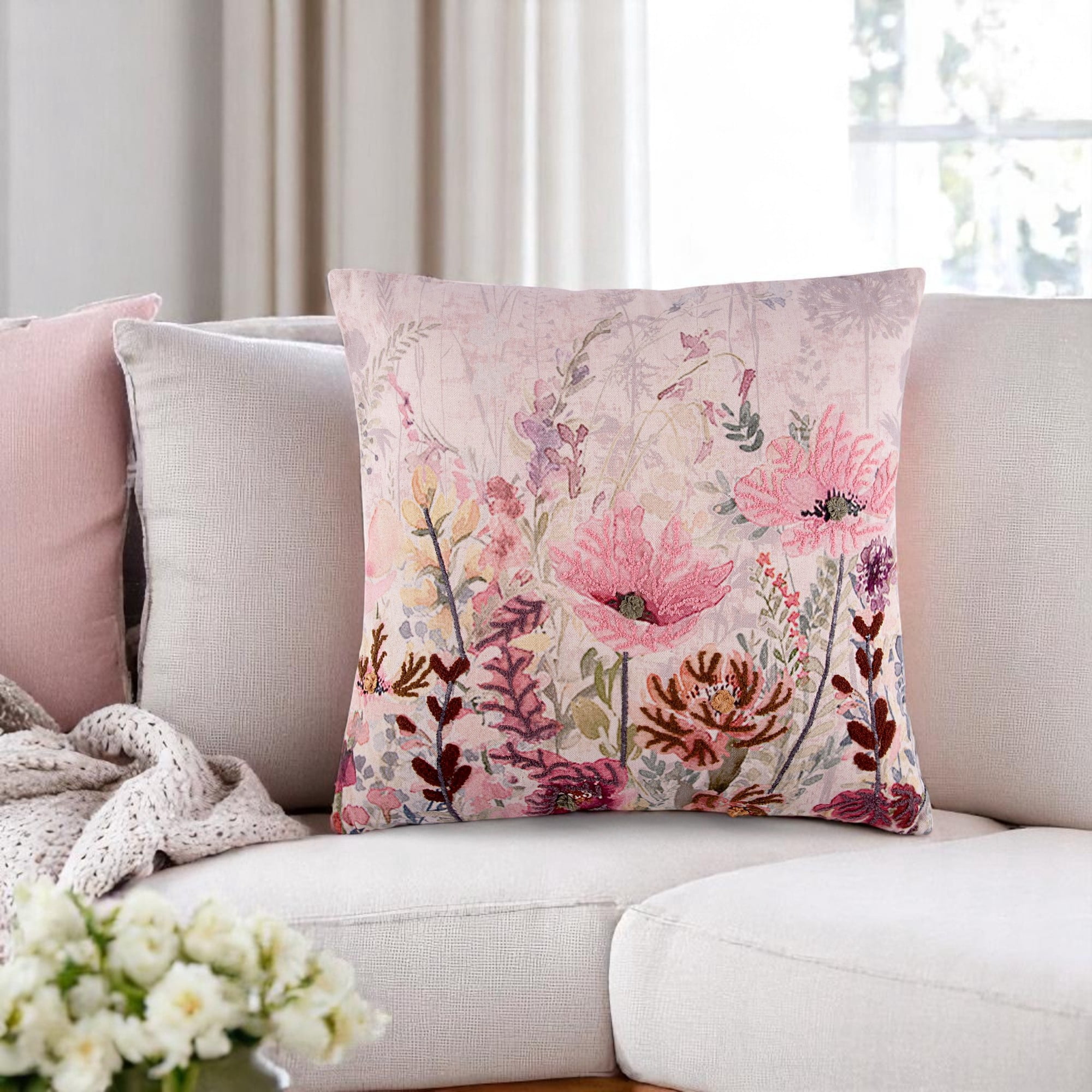 STP GOODS Pink Spring Floral Cotton Embroidered Decorative Pillow 18x18" (45x45 cm) Decorative Square Throw Pillow Cotton Couch Cushion