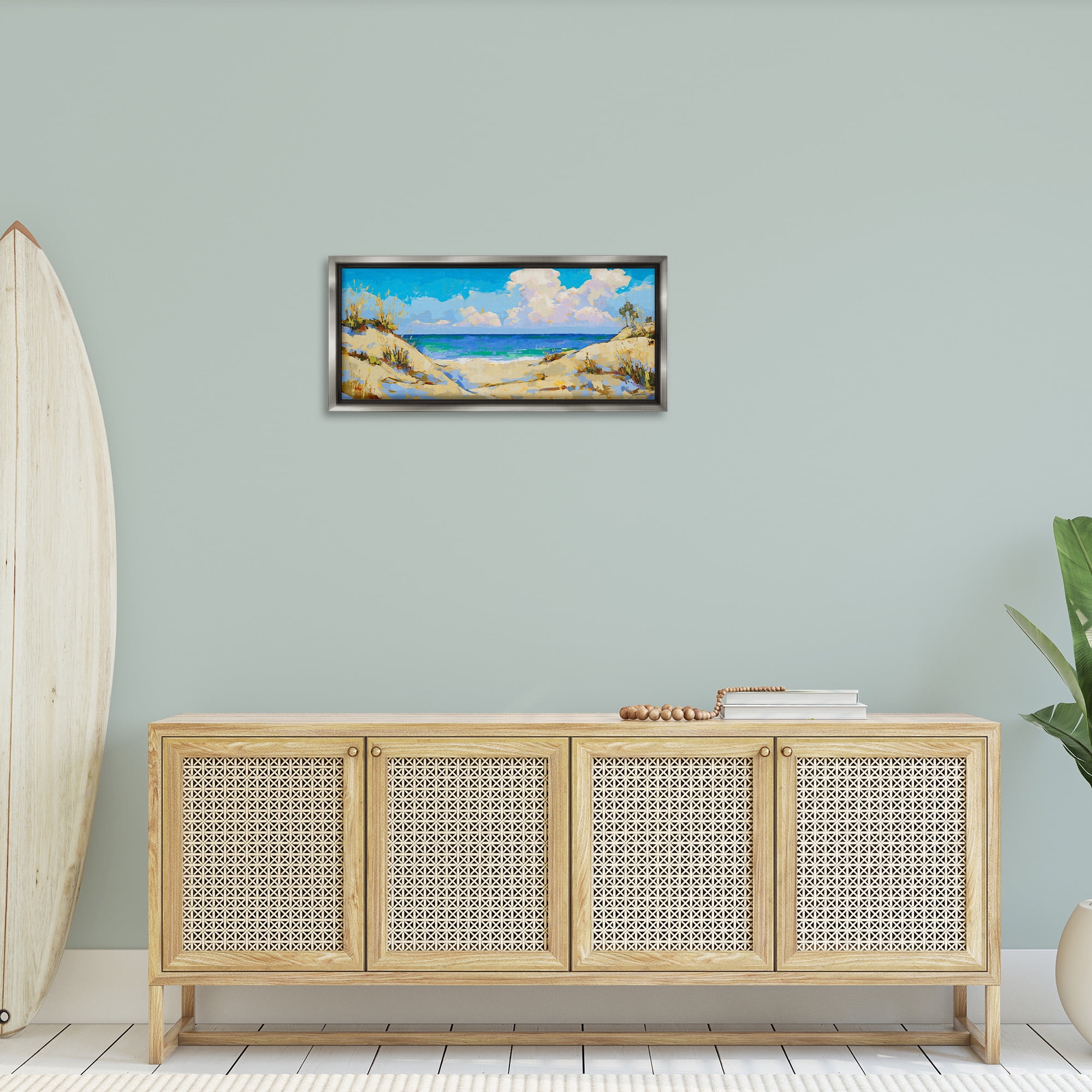 Stupell Industries Cloudy Beach Painting Landscape Painting Gray Floater Framed Canvas Art Print Wall Art, 31 x 14
