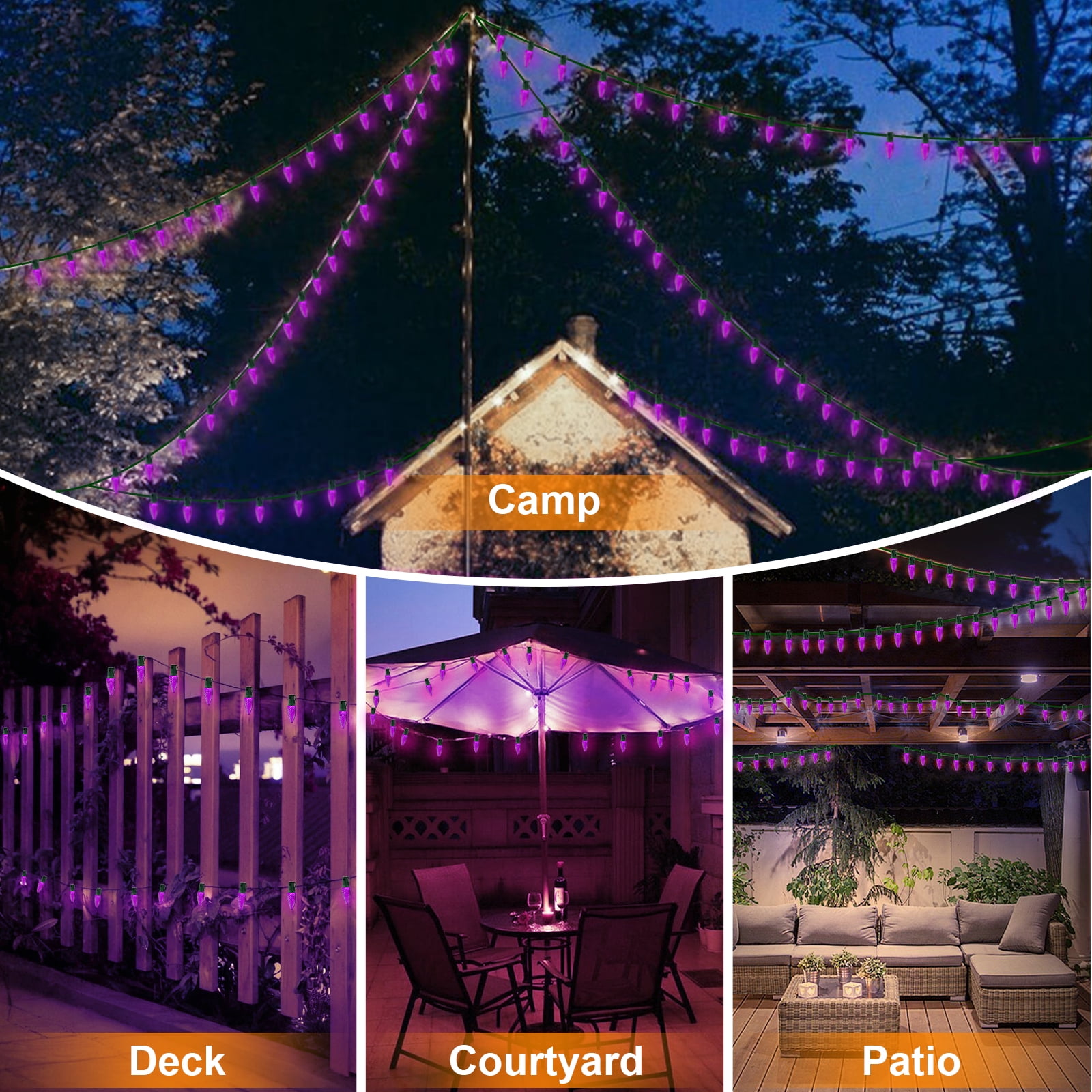 LAMPHOME Purple C9 Christmas String Light Outdoor, 25FT Shatterproof LED for House Rooflines & Pathways, Connectable Waterproof Vintage Christmas Light for Tree, Yard, Patio, Porch, Garden