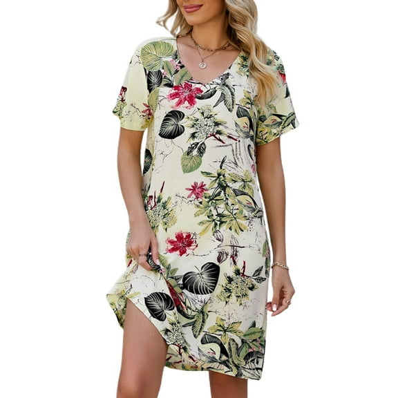 Defitshape Women's Short Sleeve Dress V Neck Floral Printed Dresses Summer Date NightElegant Thin Holiday Sundress Red Large