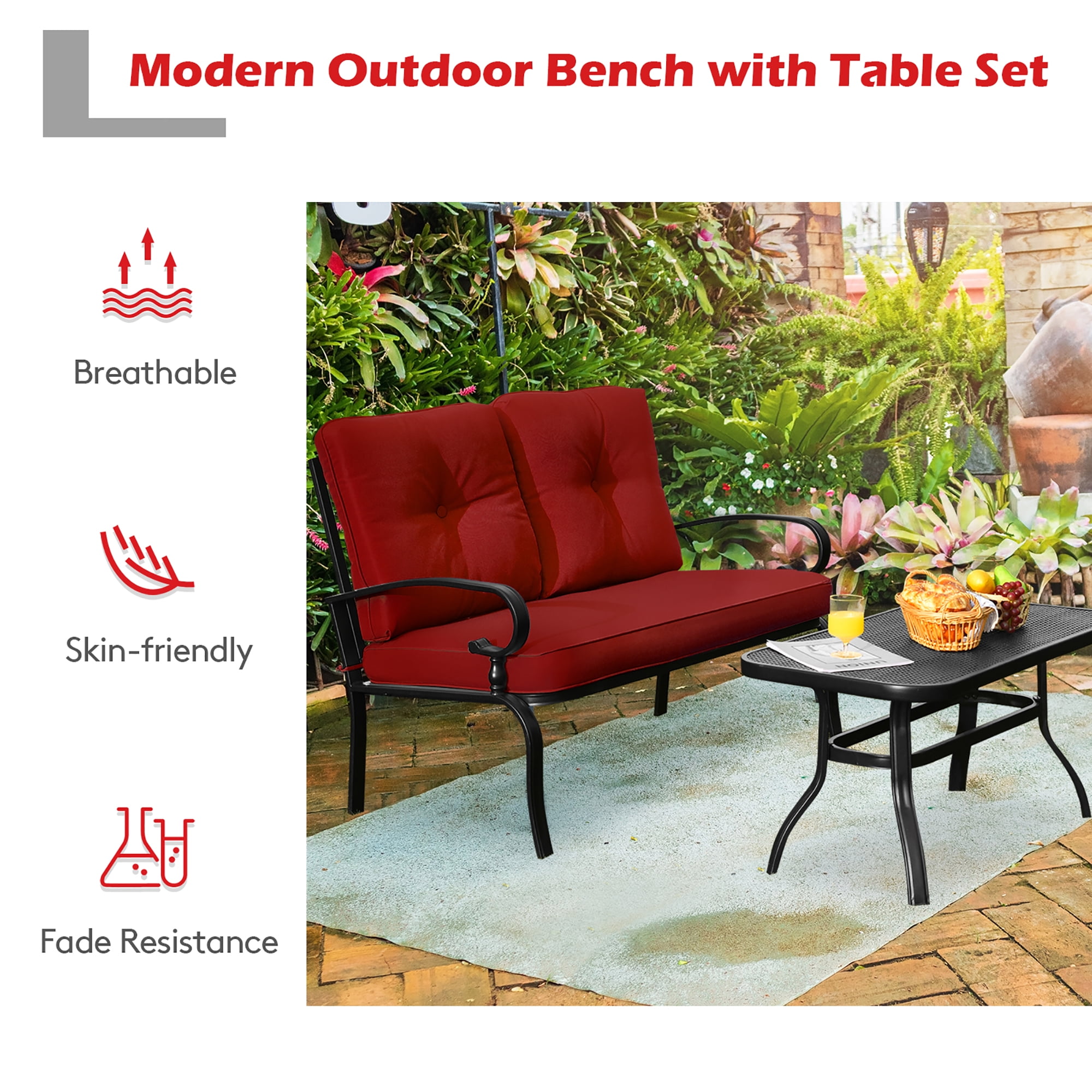 Costway 2PCS Patio Loveseat Bench Table Furniture Set Cushioned Chair Red