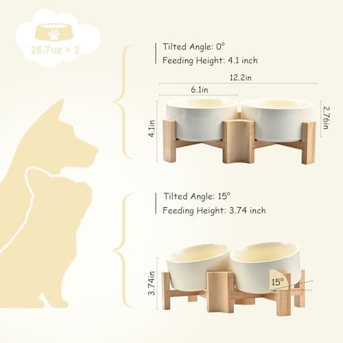 15° Slanted Ceramic Dog and Cat Bowl with Wooden Stand, Tilted Bulldog Food and Water Bowl No Slip Non-Spill for Cats Medium Dogs Big Face Pets 28.7 OZ (3.6 Cups, Beige × 2)