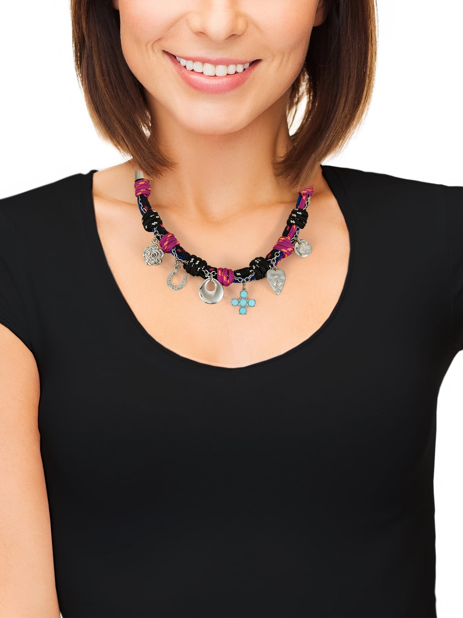 No Boundaries 16" Multicolor Silver-Tone Paracord Necklace with Charms, 1-Piece, Women’s