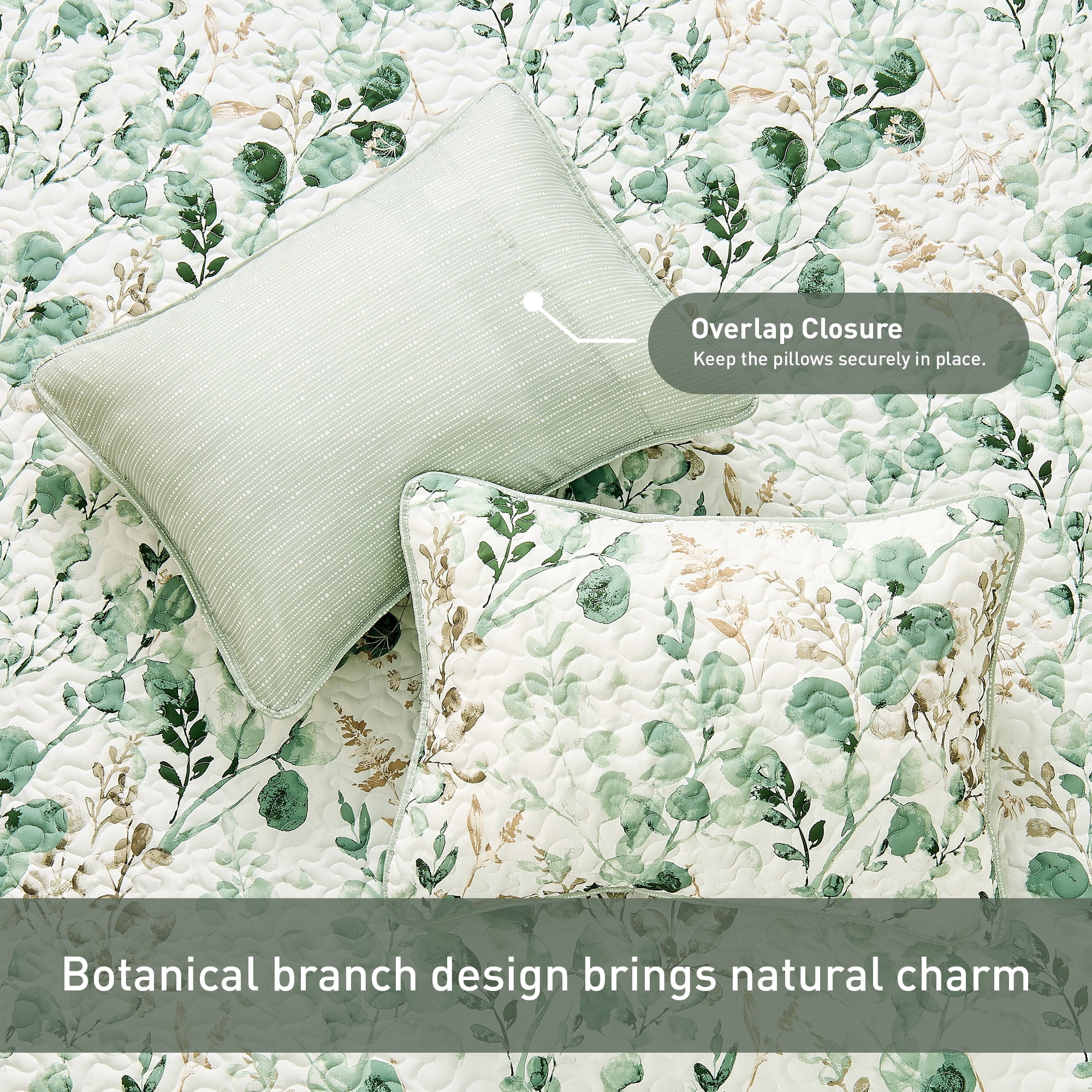 Regency Heights Full/Queen Botanical Quilt Set, 3-Piece Reversible Floral Summer Quilt Coverlet Bedding Set, Green Quilted Bedspread with Shams for All Season