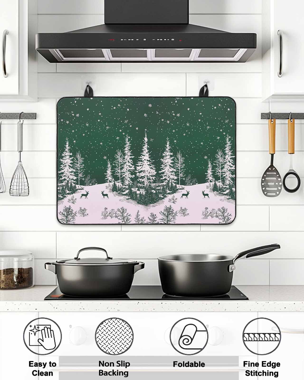 Christmas Snowflake Stove Top Covers for Electric Stove, 28'x20'' Elk Pine Trees Winter Deep Green Glass Ceramic Stove Cover Foldable Rubber Mat Heat Resistant Cooktop Protector for Kitchen