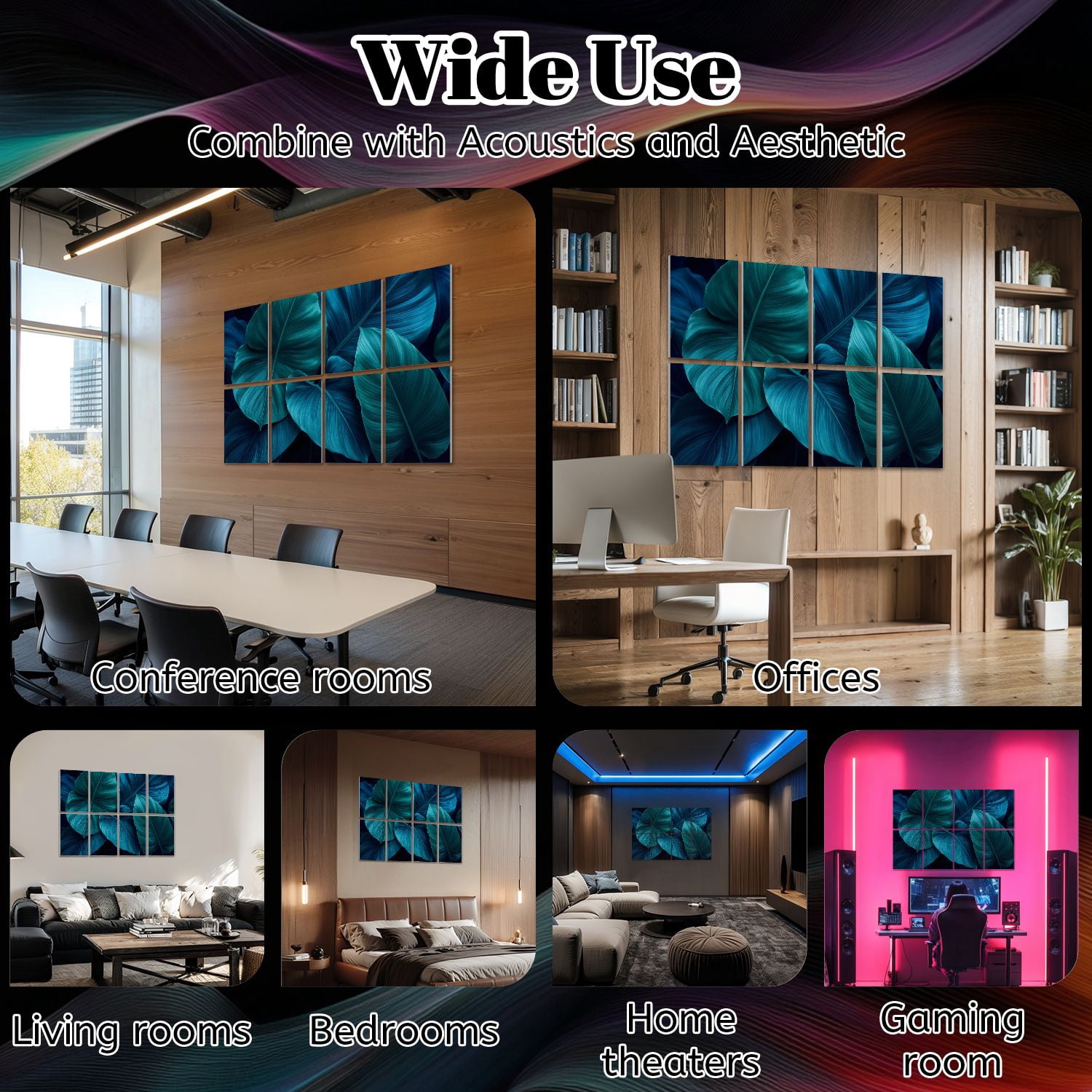8 Pack Art Acoustic Panels Sound Absorbing Deep Blue Teal Tropical Leaf Abstract Botanical Decorative Soundproof Wall Panels Self Adhesive for Nursery Game Room Bedroom 48"x32"