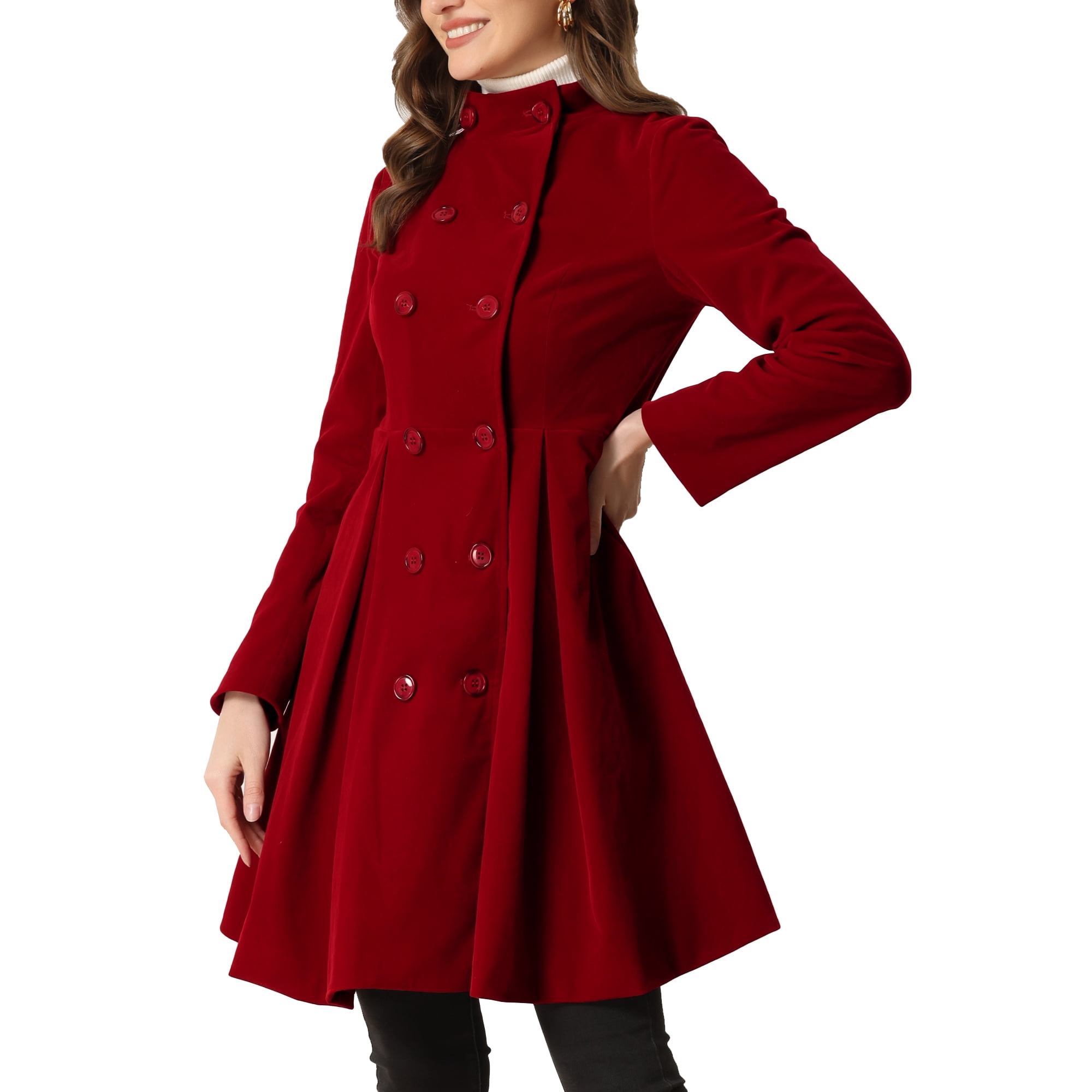 Unique Bargains Velvet A Line Coat for Women s Stand Collar Double Breasted Winter Trench Coats Dark Red XS Walmart