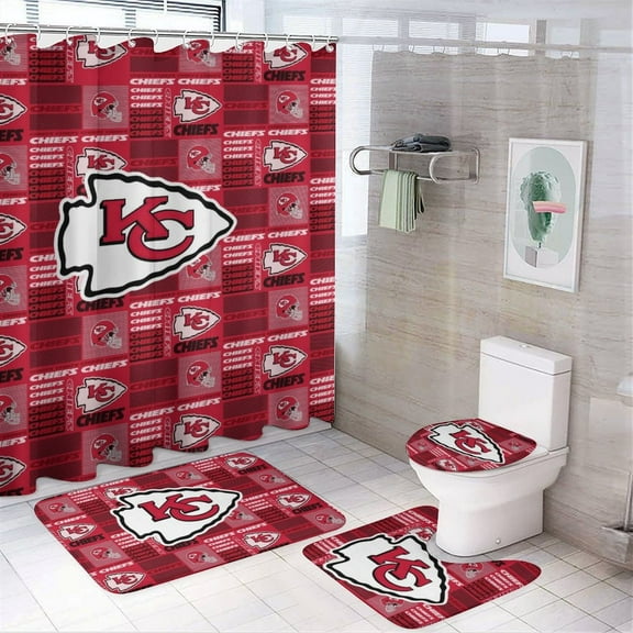 Kansas Bathroom 4 Pieces Set Shower Curtain, Toilet Lid Cover and Bath Mat, Non-Slip Rugs,Durable and Waterproof for Football Fans Bathroom Decor Set, 72" x 72"