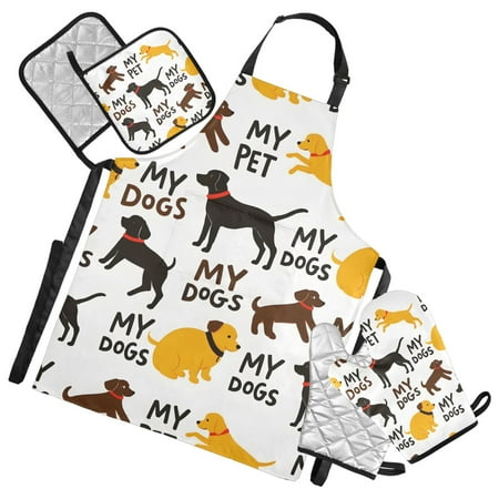 5 Pcs Kitchen Set Heat Resistant Oven Mitts and Non-Slip Pot Holders with Adjustable Cooking Apron Yellow Black Brown Dogs