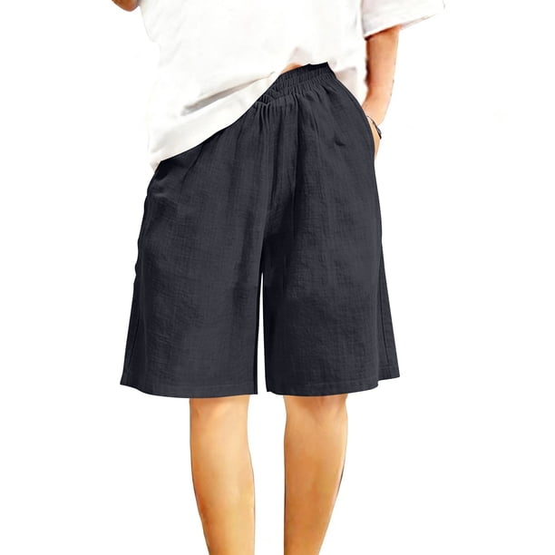 TaTaai Women Solid Color Loose Fit Cotton Linen Knee Length Shorts With Pockets Casual Summer Wear Lightweight Breathable Machine Washable No Fading Daily Outdoor Street Wear Gift