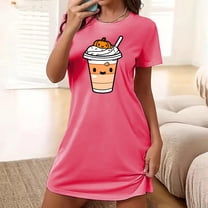 FDGIU Women's Cute Pajama Dress - Funny Printed Sleepshirt Short Sleeve, Loose Fit Nightgown & Loungewear