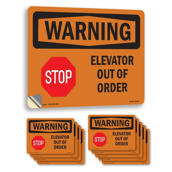 Elevator Out Of Order With Symbol OSHA WARNING Vinyl Decal Label 5 Inch x 3.5 Inch - 10 Pack