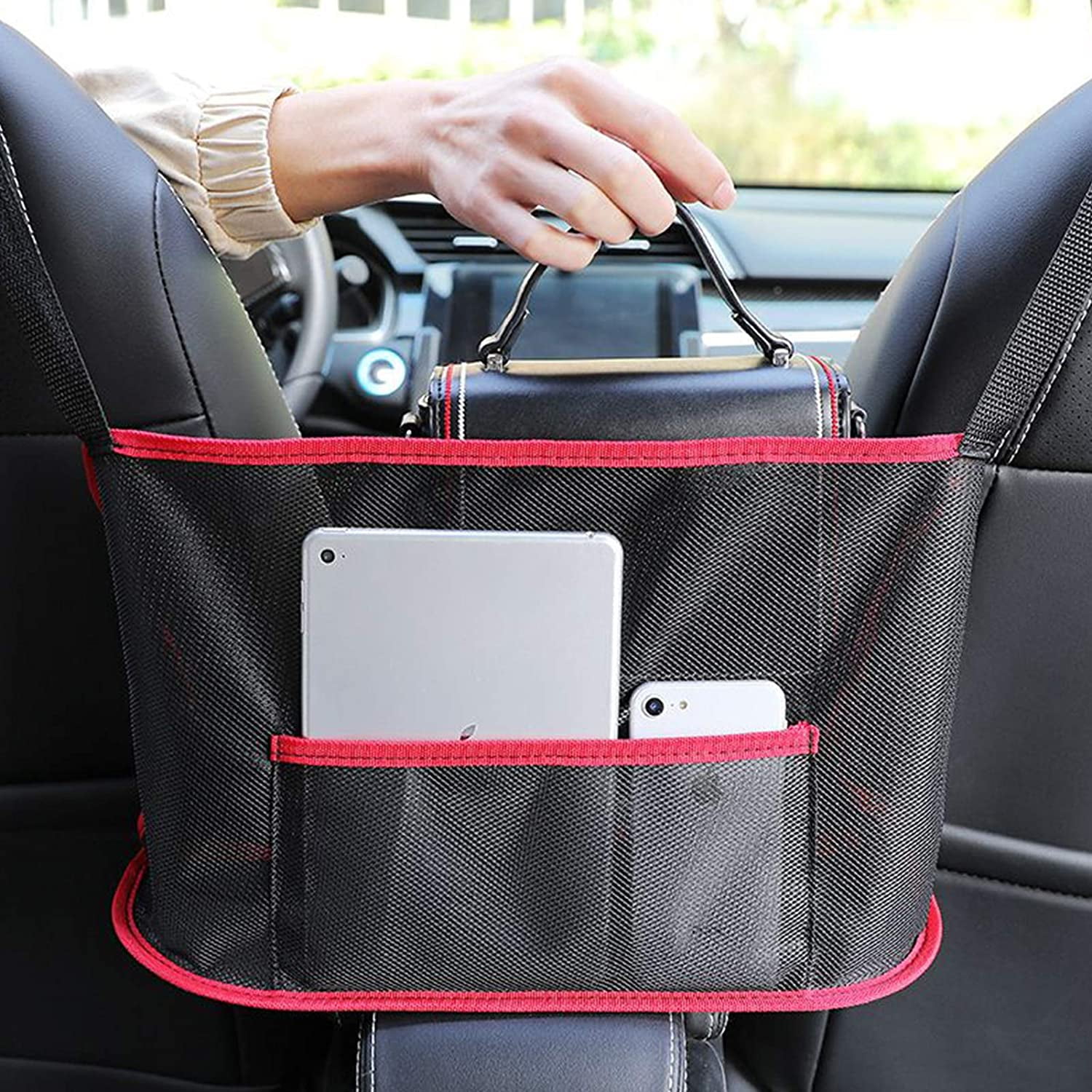 Car Net Pocket Handbag Holder Seat Back Organizer Mesh Large Capacity Bag for Purse Storage Phone Documents Pocket,Barrier of Backseat Pet Kids,Cargo Tissue Holder Standard, Black 