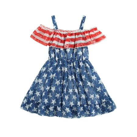 

aturustex 4th of July Toddler Baby Girls Dress Stars Stripe Print Ruffles Sling Summer Princess Dress Independence Day (18 Months-6 Years)