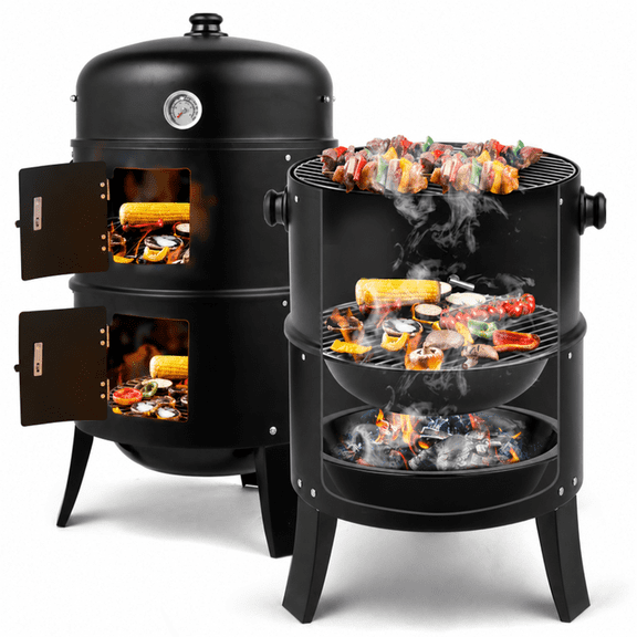 Alvantor 3 in 1 Portable Charcoal Smoker Grill, 31 in Iron Barrel BBQ Grill with Thermometer, Adjustable Air Vent, Black