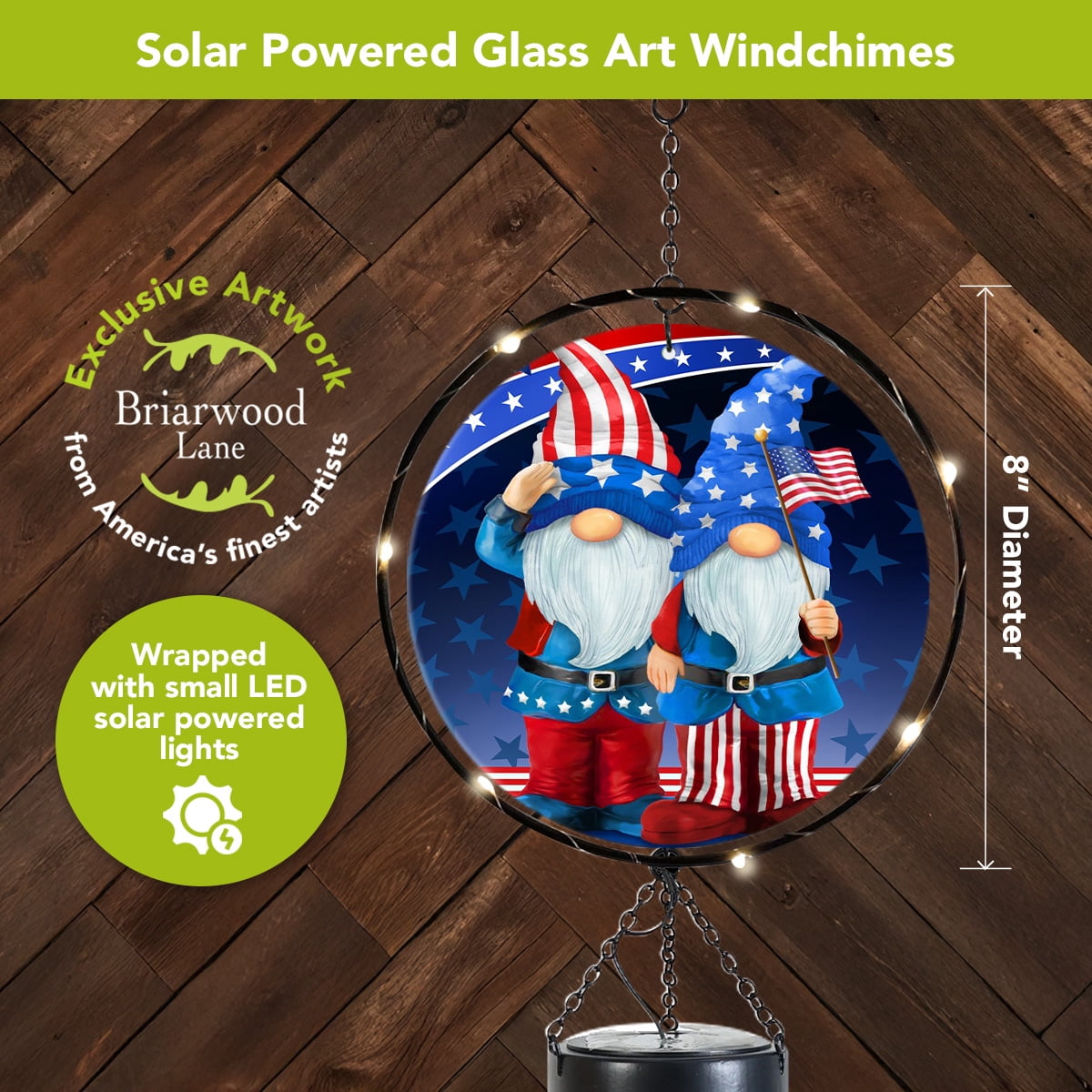 Briarwood Lane Everyday LED Illuminated Solar Powered Glass Suncatcher  Wind Chime 37x8 Patriotic Gnomes Wind Chime For Outdoors Melodic Metal Windchimes Wind-Chimes