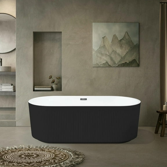 Resenkos Freestanding Soaking Bathtub, Bathtub, 67" Acrylic Freestanding Bathtub, Unique Pleated Design, Glossy Black, Chrome Overflow and Pop-Up Drain