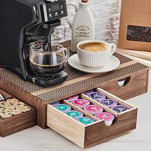 Wooden K Cup Organizer Coffee Pod Storage Box, Coffee Pod Tea Organizer and Storage, K Pod Drawer Coffee Maker Stand, Kcup Holder for Countertop Kitchen Office Coffee Bar, 30 Pod Capacity