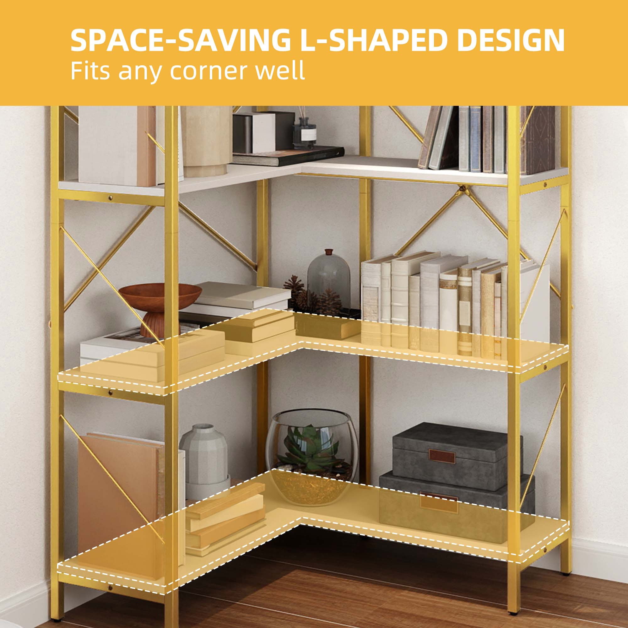 Uforic 5-Tier Corner Bookshelf, Corner Shelf Display Bookcase with Metal Frame for Home Office, Gold